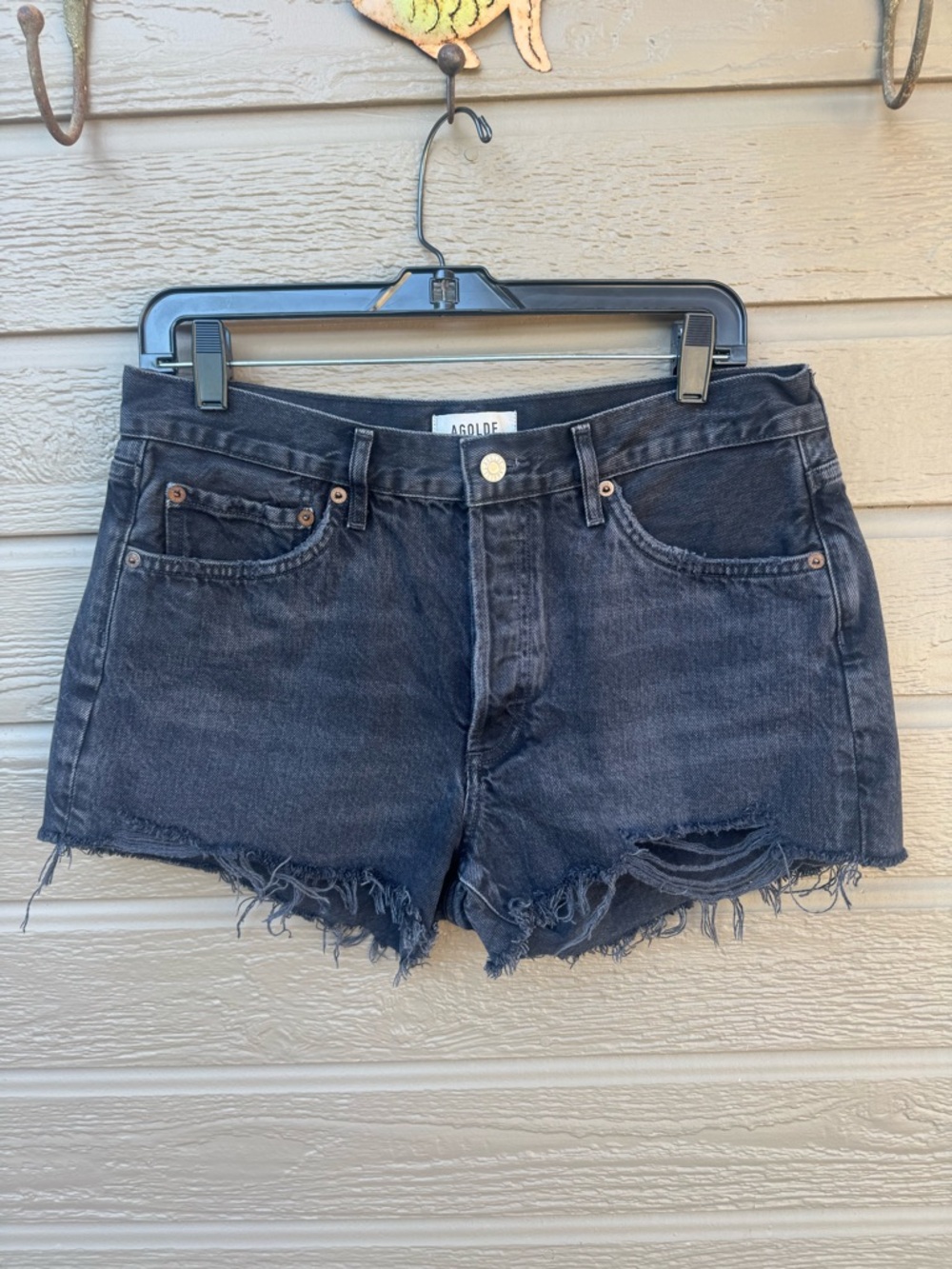 Agolde Parker Cut Off Denim Shorts size 28, distressed black.